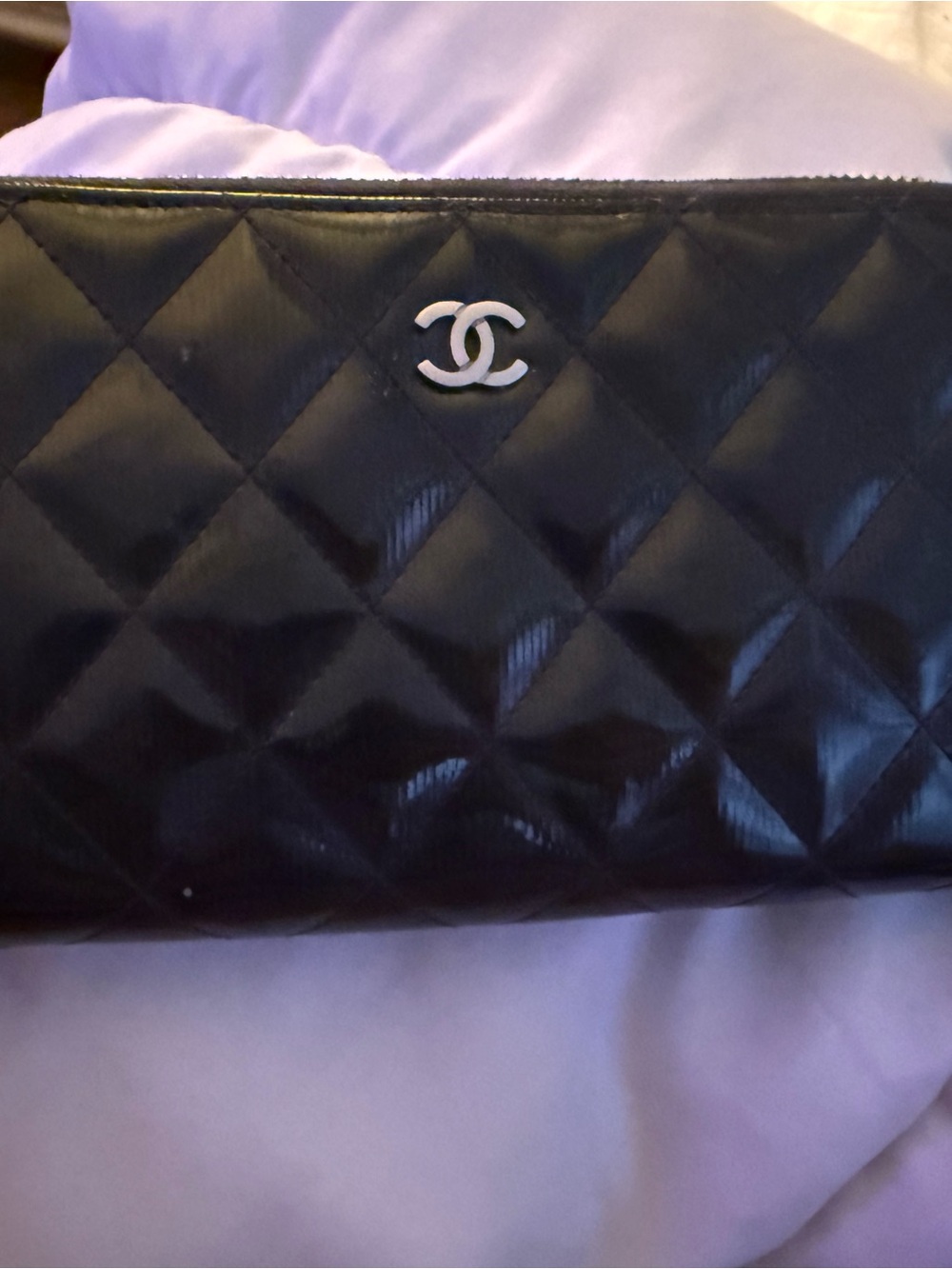 CHANEL Black Quilted Patent Leather Clutch with CC Logo
